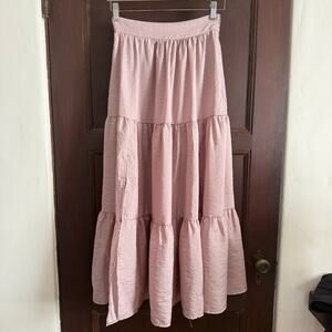 YAKE | Pink/purple Tiered Crinkle Satin Maxi Skirt with 2 Front Slits | Small